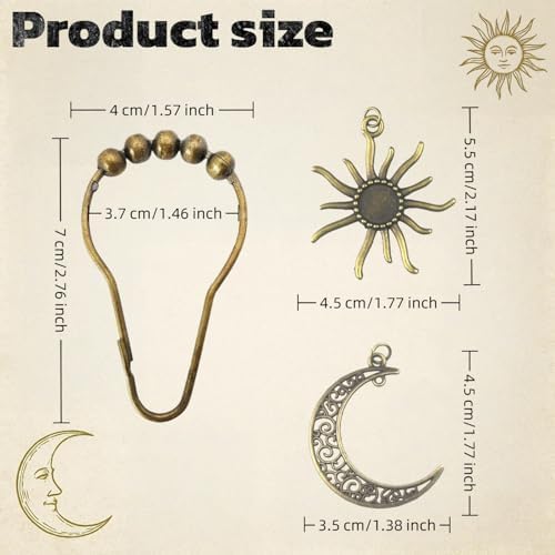 Celestial Shower Curtain Hooks 12 Pack of Sun and Moon Decor Theme Comes with a Bronze Shower Curtain Hooks for Celestial Boho Goth Witchy Shower Curtain (12)