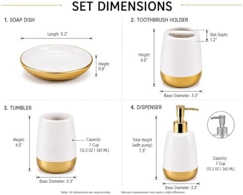 4-Piece Ceramic Bathroom Accessories Set, White and Gold Bathroom Set with Soap Dispenser, Toothbrush Holder, Tumbler and Soap Dish, Modern Vanity Countertop Decor