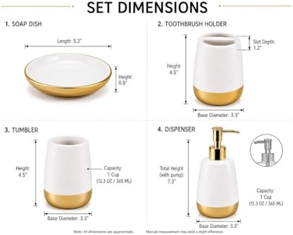 4-Piece Ceramic Bathroom Accessories Set, White and Gold Bathroom Set with Soap Dispenser, Toothbrush Holder, Tumbler and Soap Dish, Modern Vanity Countertop Decor