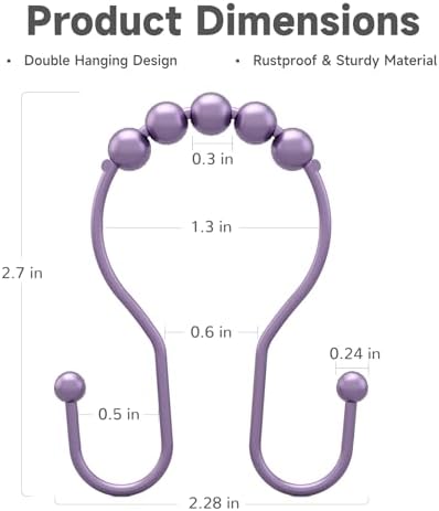 Bathway Shower Curtain Hooks, Shower Curtain Rings Rust Proof Double Hook Shower Curtain Hooks, 12 Pcs Purple Shower Hooks for Shower Curtain, Shower Rings for Curtain, Metal Shower Rod Hooks
