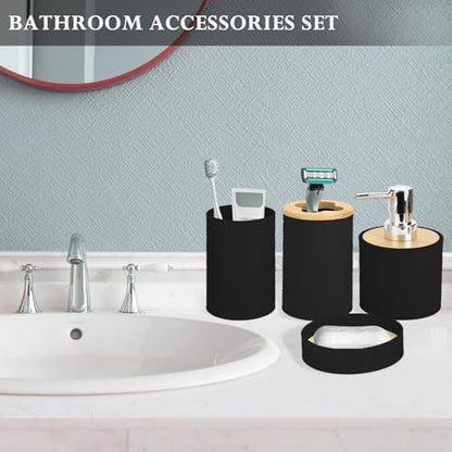 RRM Bamboo Bathroom Accessories Set 4 Pcs, Boho Bathroom Decor, Black