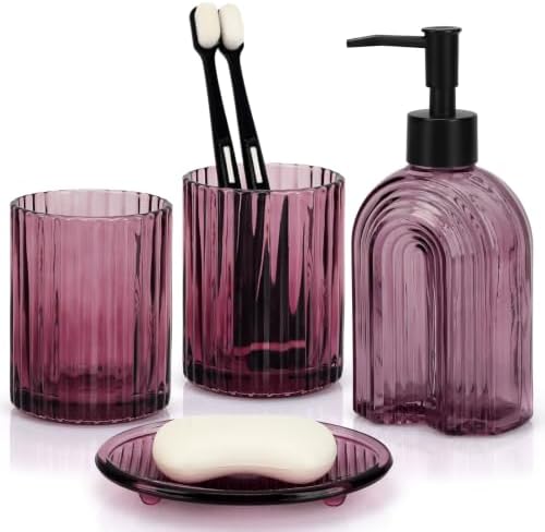 Bathroom Accessories Set, 4Pcs Glass Bathroom Accessories Set Complete, 11.6OZ Lotion Soap Dispenser, Toothbrush Holder, Mouthwash Cup, Soap Dish for Bathroom Decor, Countertop Organizer (Purple)