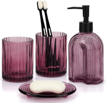 Bathroom Accessories Set, 4Pcs Glass Bathroom Accessories Set Complete, 11.6OZ Lotion Soap Dispenser, Toothbrush Holder, Mouthwash Cup, Soap Dish for Bathroom Decor, Countertop Organizer (Purple)