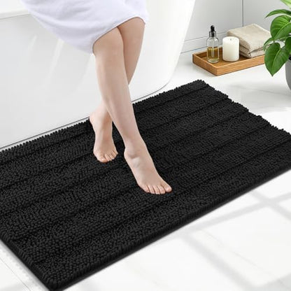 Grandaily Chenille Striped Bathroom Rugs 47x24, Extra Thick and Soft Absorbent Bath Mats, Rubber Backing, Plush Shaggy Shower Carpet, Machine Wash Dry, Bath Rug for Bathroom, Deep Black