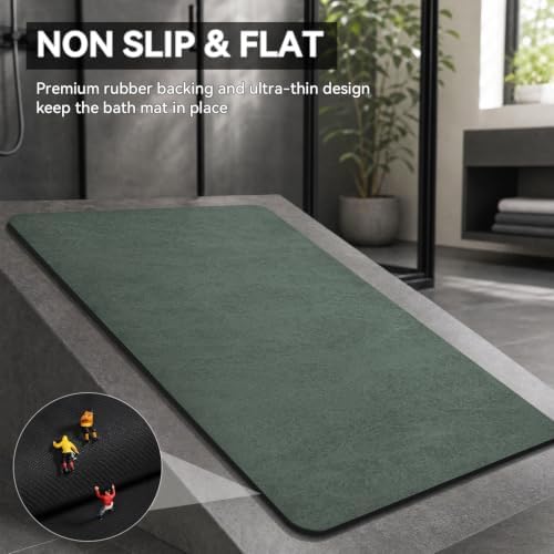 MontVoo -Bath Mat Rug-Rubber Backing Non Slip Quick Dry Absorbent Thin Bathroom Rugs Fit Under Door-Faux Suede Surface Bathroom Floor Mats-Shower Rug for in Front of Bathtub Shower Green 16"x24"