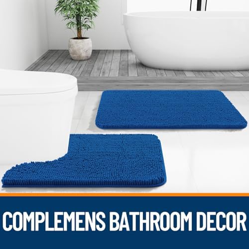 OLANLY Chenille Bathroom Rugs Sets 2 Piece, 47"x20"+24"x20", Deep Navy Blue