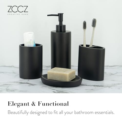 ZCCZ Bathroom Accessory Sets, 4 Pieces Bathroom Accessories Complete Set Vanity Countertop Accessory Set, Includes Lotion Dispenser Soap Pump, Toothbrush Holder and Tray (Matte Black Look Rounded)