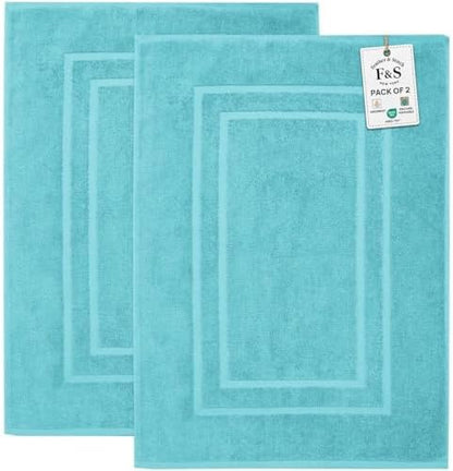 Feather & Stitch 2 Piece Towel Like Bath Mats (30x21 Inch) 100% Cotton Terry Bath Mats, Bathroom Shower Floor Mats [NOT A Bathroom Rug], Soft Absorbent Washable Mats - Aqua