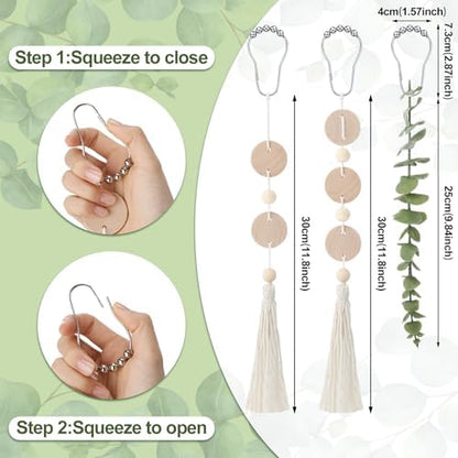 Yinkin Set of 12 Boho Eucalyptus Shower Curtain Hooks Rings Rustic Farmhouse Decor Rustproof Metal Decorative Hanger Set for Home Bathroom Bedroom Baby Room Curtain Decor