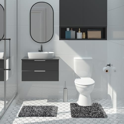 Yimobra Toilet Rugs U Shaped Washable 24X20, Ultra Soft and Water Absorbent Bath Mats, Non Slip Fluffy Shaggy Luxury Microfiber Contour Bath Rugs for Toilet, Dry Quick, Black and White