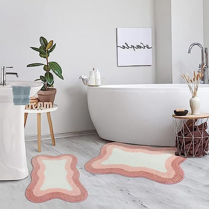HAOCOO Pink Bathroom Rugs Non Slip 20X31 inch, Ultra Soft Absorbent Irregular Shape Bath Rug, Microfiber Washable Non-Slip Bathmat Boho Decor for Bedroom Bathroom Floor Tub Shower