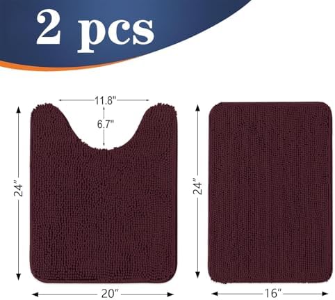 OLANLY Chenille Bathroom Rugs Sets 2 Piece, 24"x16"+24"x20", Black Cherry