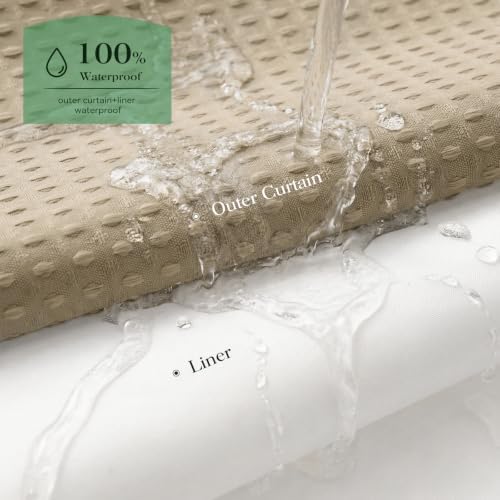 Dynamene Beige Hook Free Waffle Shower Curtain & Snap-in Fabric Liner,84x75