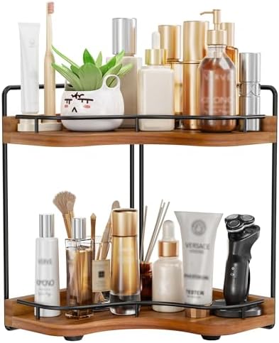 2-Tier Corner Bathroom Counter Organizer, Larger, Acacia Wood