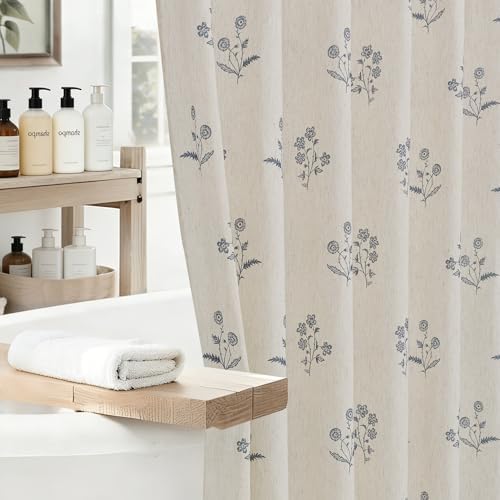 ORTIGIA Linen Shower Curtain Farmhouse Vintage Blue Floral Shower Curtains Navy Boho Rustic Block Print Cottagecore Decor for Bathroom 72 W x 72 L