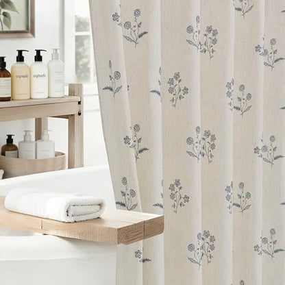 ORTIGIA Blue Floral Linen Shower Curtain 72 W x 84 L Farmhouse Vintage Long Shower Curtains Boho Rustic Block Print Cottagecore Decor for Bathroom
