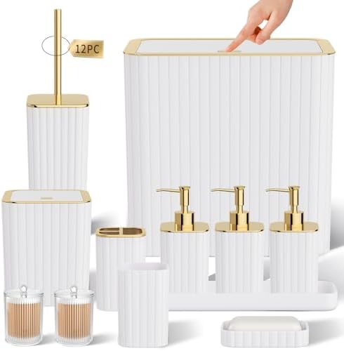 Bathroom Accessory Set - Bathroom Set, 12PC Bathroom Accessories Set, White Bathroom Accessories Set, Mini Trash Can, Toilet Brush, Trash Can & Soap Dispenser