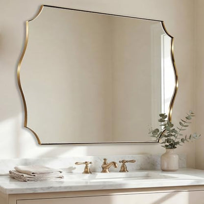 ANDY STAR 36"x48" Gold Vanity Mirror, Large Bathroom Mirrors for Wall, Antique Champagne Bronze Mirror in Anti-Rust Stainless Steel Thin Frame, Elegant Curved Scallop Design, Ideal for Home Remodel