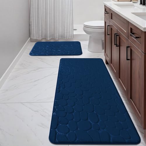 YIHOUSE Bathroom Rugs Mat Set, Memory Foam Bath Mat 2 Piece Navy Blue