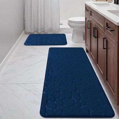 YIHOUSE Bathroom Rugs Mat Set, Memory Foam Bath Mat 2 Piece Navy Blue