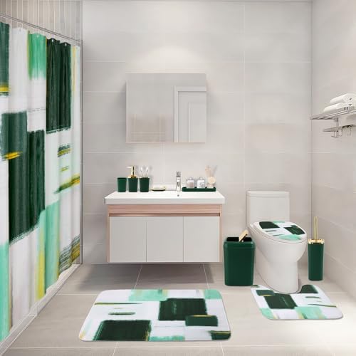 XLHOMO Bathroom Set - Dark Green and Gold Bathroom Accessories Set, Bathroom Sets with Shower Curtain and Rugs, Green Shower Curtain Set with Bathroom Trash Can, Soap Dispenser, Soap Dish for Home
