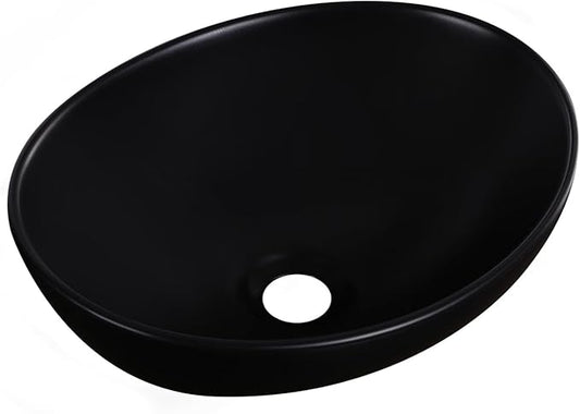 Oval Vessel Sink 16" x 13" Countertop Bathroom Sinks Modern Egg Shape Above Counter Matte Black Ceramic Small Sink Vessel Sinks for Bathrooms