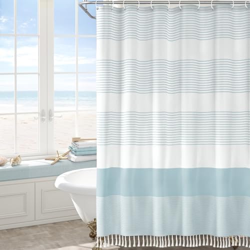 Aqua Blue Coastal Ocean Cotton Striped Shower Curtain with Tassel 72W X 72L
