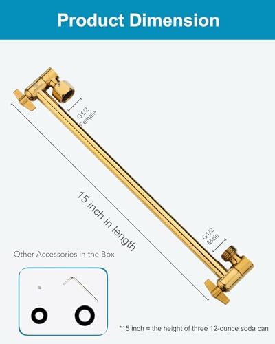 15 Inch Extra Long Adjustable Shower Head Extension Arm With Locking Set Screw, Singing Rain 304 Stainless Steel Angle Height Adjustable, G1/2 Universal Connector Compatible (Egyptian Gold)