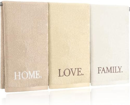 FuWeave 3 Pcs Beige Decorative Hand Towels for Bathroom,Home Love Family