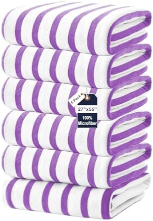 JML Microfiber Beach Towels, 6 Pack, 27" x 55", Cabana Stripe Purple