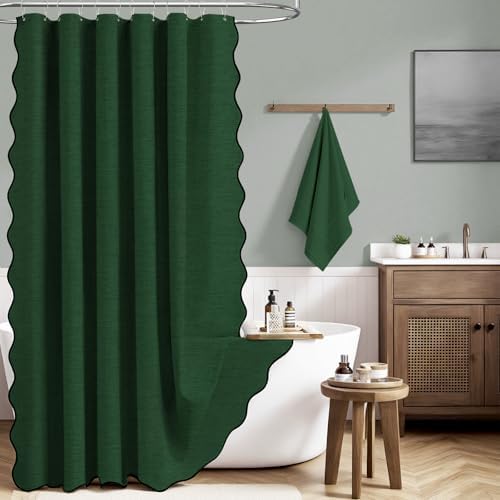 BTTN Emerald Boho Scalloped Linen Textured Cloth Shower Curtain Set, 72x72