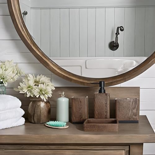 Hymmah Bathroom Accessories Set,Toothbrush Holder Set,4 Pcs Apartment Necessities (Wood Brown)