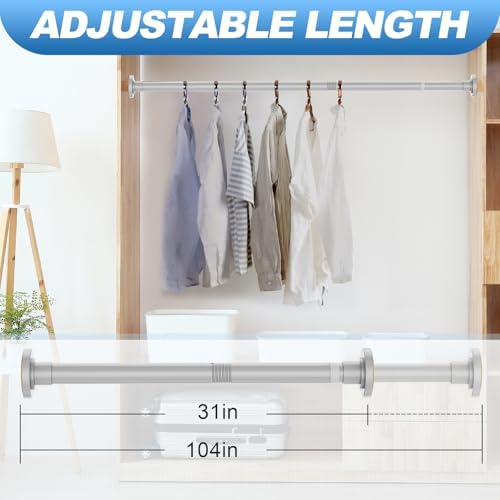 CorkLatta Silver Shower Curtain Rod 31 to 104 Inch,1 Inch Diameter Adjustable Spring Tension Curtain Rod No Drilling Stainless Steel Telescoping Rod,No Rust
