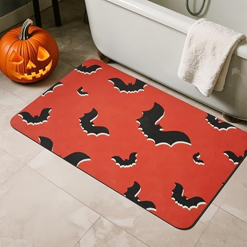 TYUU Thin Halloween Bath Mat, Non-Slip Washable, 17x30 Orange Gothic Bats