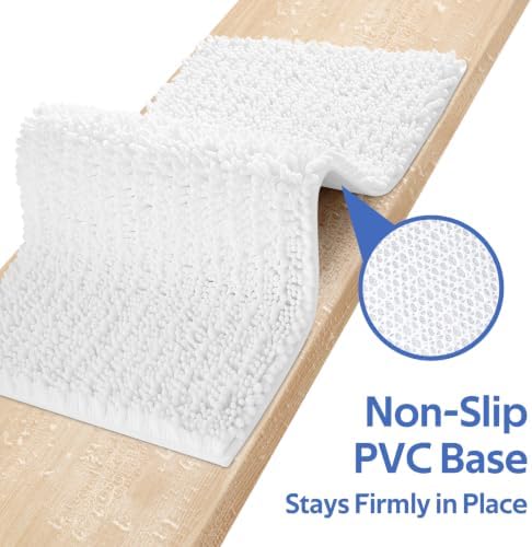 ACCUMTEK Upgrade Extra Large White Bathroom Rug Set 3 Pieces Ultra Soft, Thick Absorbent Bath Mats, Non Slip Chenille Toilet Mat for Bathroom, Bedroom, Kitchen