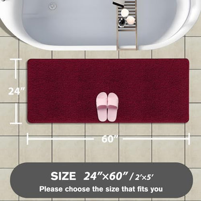 Bathroom Runner Rug 24 x 60 Inch – Extra Large Long Bath Mat | Absorbent and Washable Thick Chenille Bath Rug Non-Slip Runner Rug for Bathroom, Shower, Sink(Vivid Burgundy)