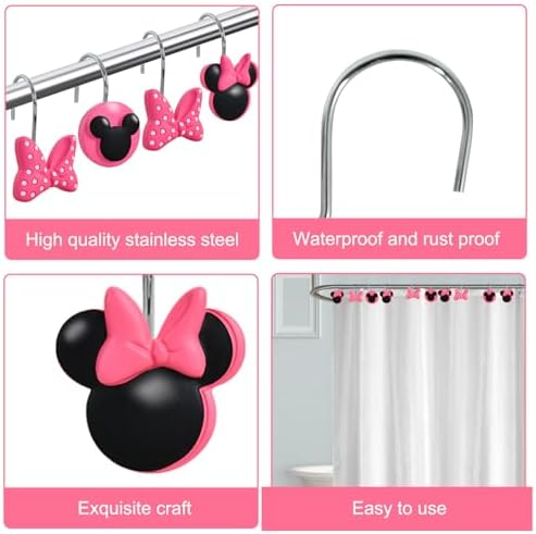 12-Piece Pink Mouse Shower Curtain Hooks for Bathroom