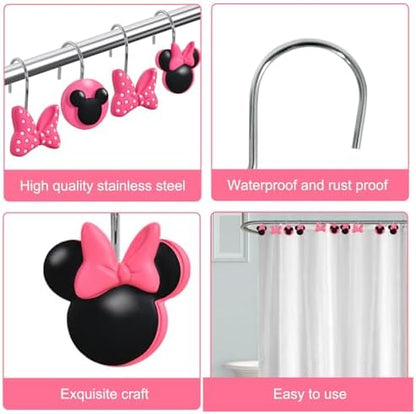 12-Piece Pink Mouse Shower Curtain Hooks for Bathroom