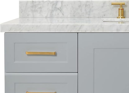 DKB Emilia 54" Grey Bathroom Vanity with Sink, 1.5" Edge Italian Carrara Marble Countertop, Rectangular Undermount Sink, 2 Soft-Closing Doors, 9 Dovetail Drawers, Brushed Nickel
