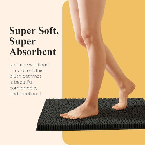 MAYSHINE Standard Plush Shaggy Chenille Bath Mat 32"x20" | Extra Soft, Super Absorbent, Non-Slip Bathroom Rug | Fluffy Microfiber, Area Rug Sets for Bathroom Floor, Kitchen, Living Room | Black