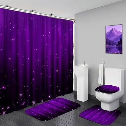 Yddsky 4 Pcs Luxury Purple Black Shower Curtain Set with Rugs Bathroom Set
