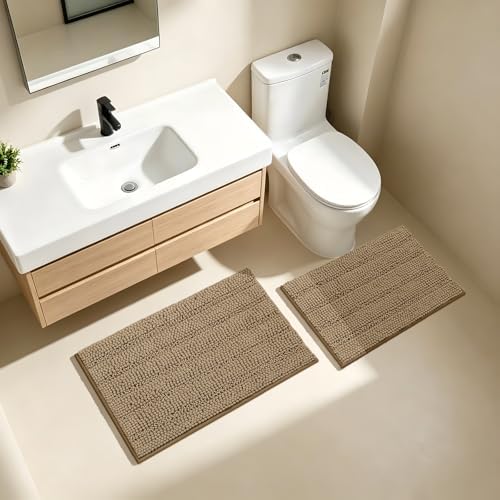 Bcoimo Bath Rug Mat Sets,2 Piece Extra Soft Chenille Tan Bathroom Mat Set