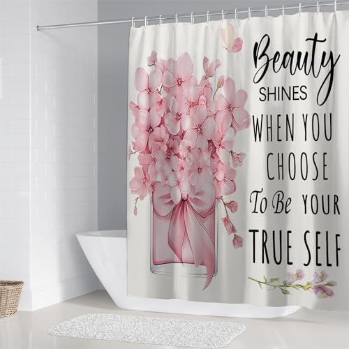 AZHM 4pcs Pink Floral Bathroom Shower Curtain Set with Rugs and Accessories