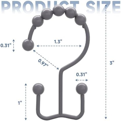 Titanker Shower Curtain Hooks Rings, Rust-Resistant Metal Double Glide Shower Hooks for Bathroom Shower Rods Curtains, Set of 12 Hooks - Neutral Gray