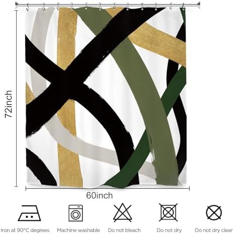 Abstract Modern Line Shower Curtain 60Wx72L Inch Black Army Green Minimalist Contemporary Art Neutral Simple Bathroom Set Accessories Decor with 12 Pack Hooks