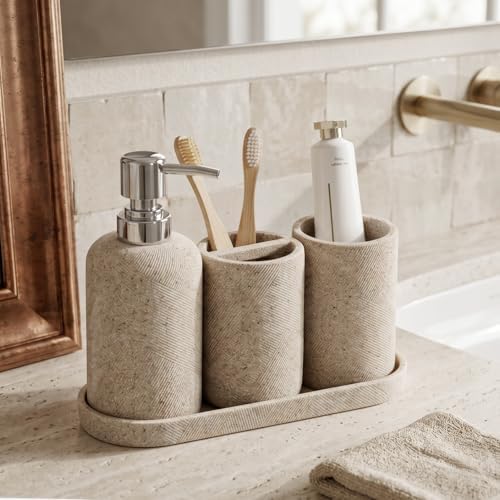 Bathroom Accessories Set,4 PCS Bathroom Organizer,Sand Stone Look,Beige