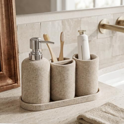 Bathroom Accessories Set,4 PCS Bathroom Organizer,Sand Stone Look,Beige