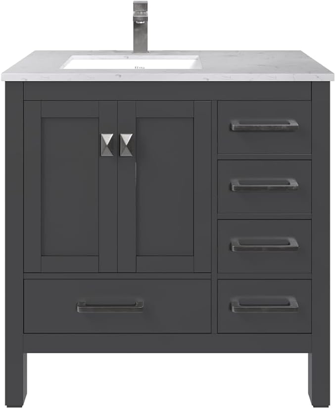 Eviva London 36 Inch Bathroom Vanity With Sink - Espresso Single Sink Bathroom Vanity - 36 In Bathroom Vanities & Stylish Bathroom Sink Cabinet W Quartz Countertop & Porcelain Sink For Optimal Storage