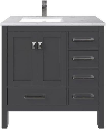 Eviva London 36 Inch Bathroom Vanity With Sink - Espresso Single Sink Bathroom Vanity - 36 In Bathroom Vanities & Stylish Bathroom Sink Cabinet W Quartz Countertop & Porcelain Sink For Optimal Storage