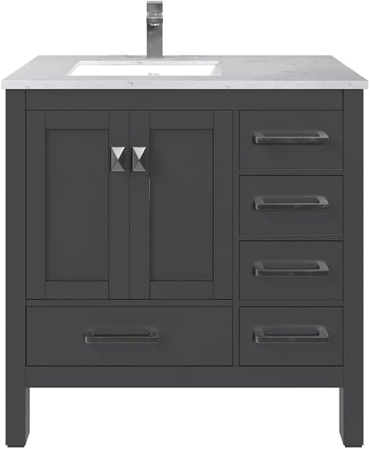 Eviva London 36 Inch Bathroom Vanity With Sink - Espresso Single Sink Bathroom Vanity - 36 In Bathroom Vanities & Stylish Bathroom Sink Cabinet W Quartz Countertop & Porcelain Sink For Optimal Storage